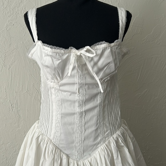 NWT white mini coquette corset lace up lace puff waist brassiere top w bow dress - Picture 2 of 8